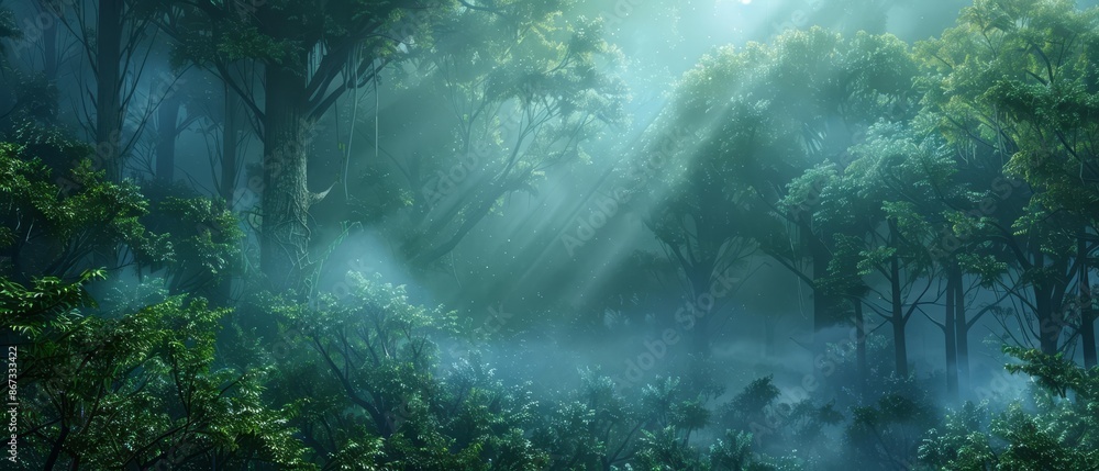 Tranquil forest with sunlight streaming through trees, creating a serene atmosphere with lush greenery and a mystical fog. Tranquil forest with sunlight streaming through trees, creating a serene atmosphere with lush greenery and a mystical fog.
