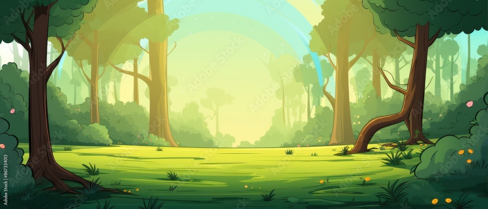 Fototapeta premium Cartoon Illustration of Lush Green Forest with Bright Sunlight, Concept art for nature, spring, environment