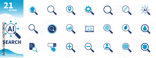 Search icon. Set of magnifying glass icons, research, investigation, analysis. Solid vector icon