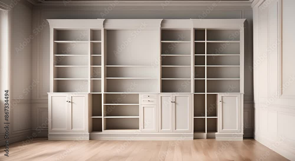 Interior of empty room with white wooden shelves and cupboards Interior of empty room with white wooden shelves and cupboards