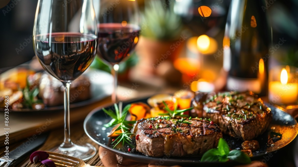 A gourmet restaurant table set with elegant steak dinners, featuring tender cuts garnished with herbs and served with wine. A gourmet restaurant table set with elegant steak dinners, featuring tender cuts garnished with herbs and served with wine.