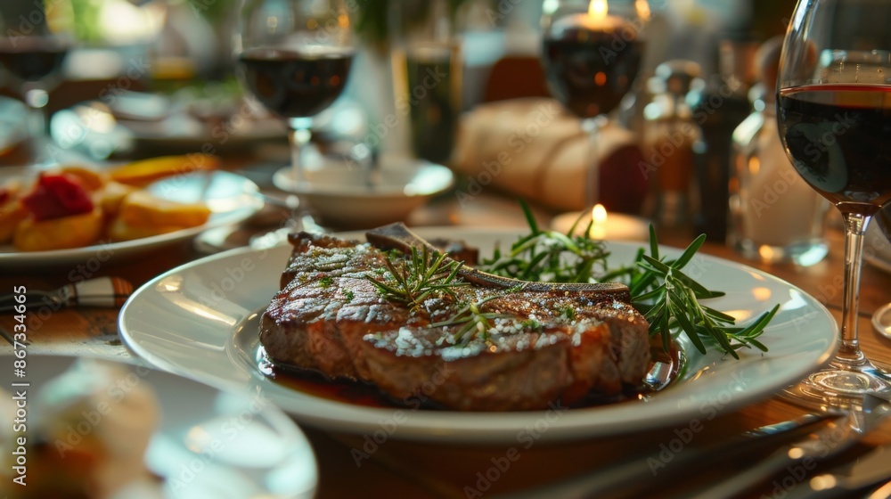 A gourmet restaurant table set with elegant steak dinners, featuring tender cuts garnished with herbs and served with wine. A gourmet restaurant table set with elegant steak dinners, featuring tender cuts garnished with herbs and served with wine.