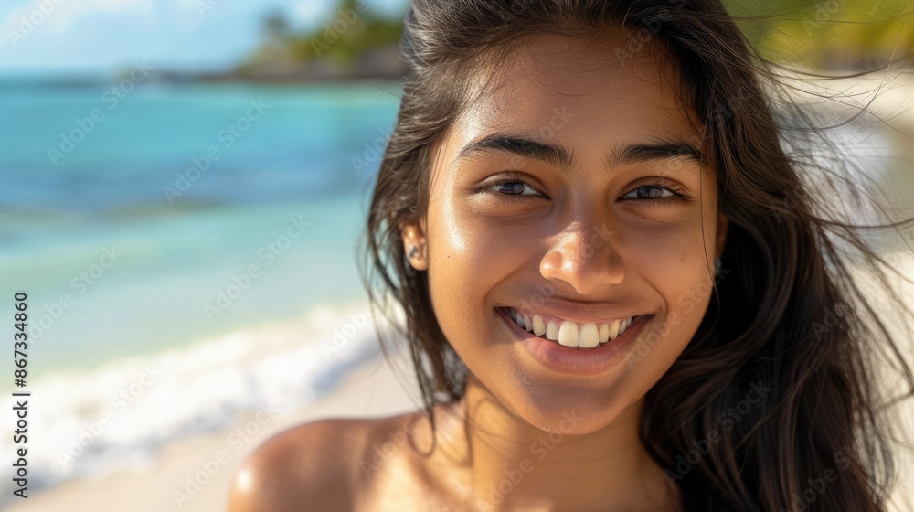 a close-up a senior smiling indian woman walking on beach a close-up a senior smiling indian woman walking on beach