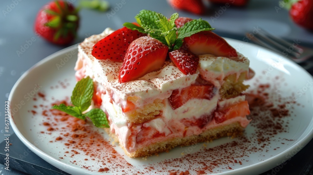 Tasty strawberry tiramisu with mascarpone biscuits topped with fresh mint leaves Tasty strawberry tiramisu with mascarpone biscuits topped with fresh mint leaves