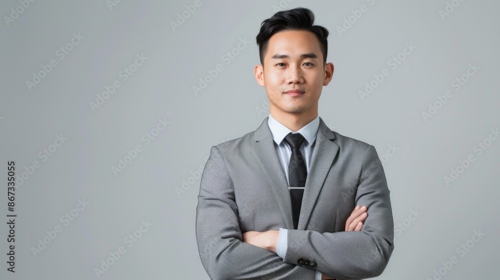 A young Asian man in a grey suit and black tie stands confidently with his arms crossed, looking directly at the camera. The photo is taken against a plain grey background