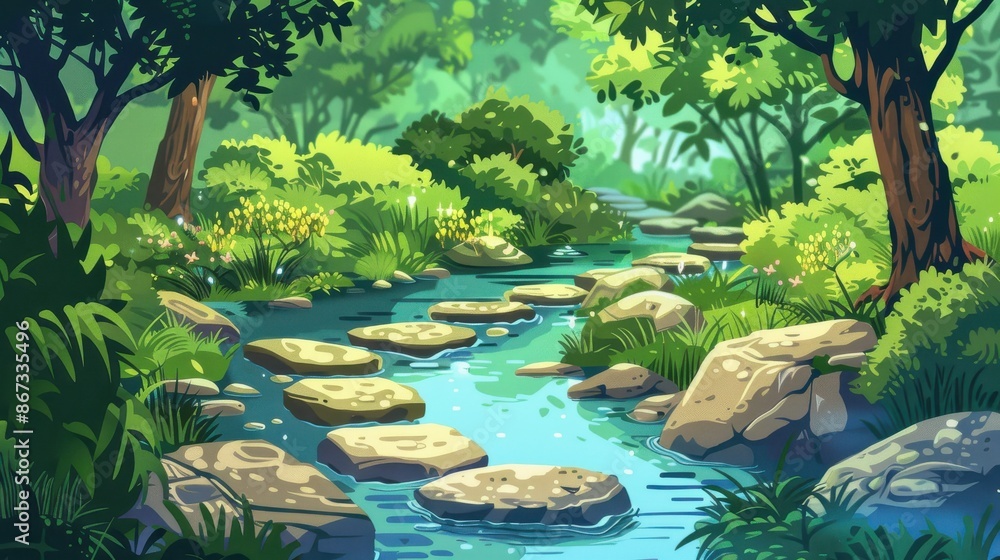 Scenic river flowing through a lush green forest with stepping stones, digital art illustration. Concept of nature, tranquility, and adventure Scenic river flowing through a lush green forest with stepping stones, digital art illustration. Concept of nature, tranquility, and adventure