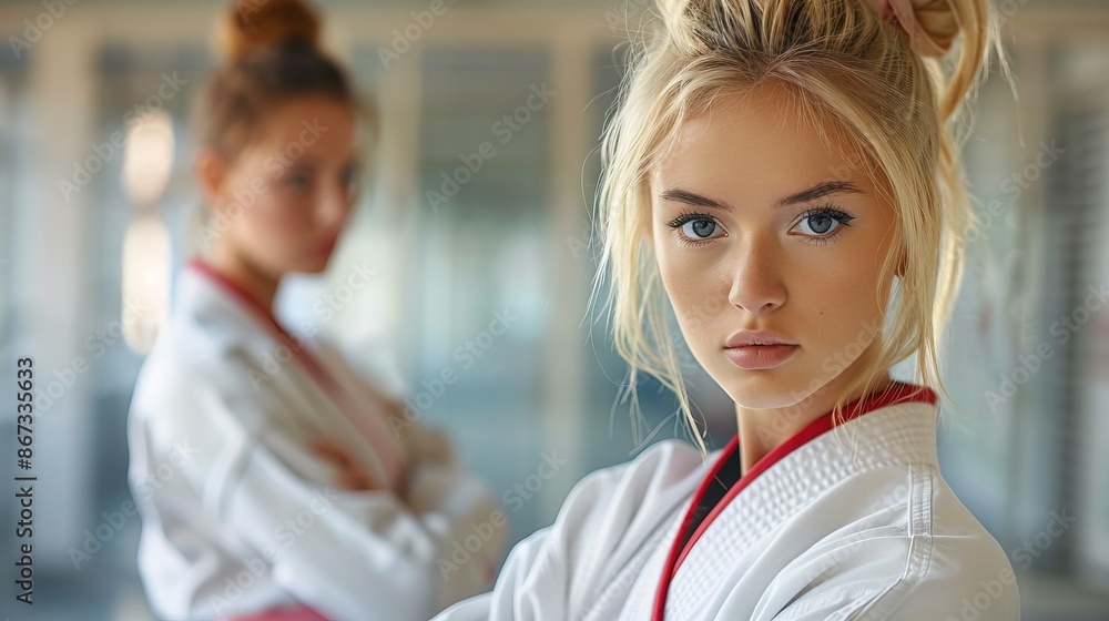 Beautiful blonde woman wear taekwondo costume, fighting pose Stock ...