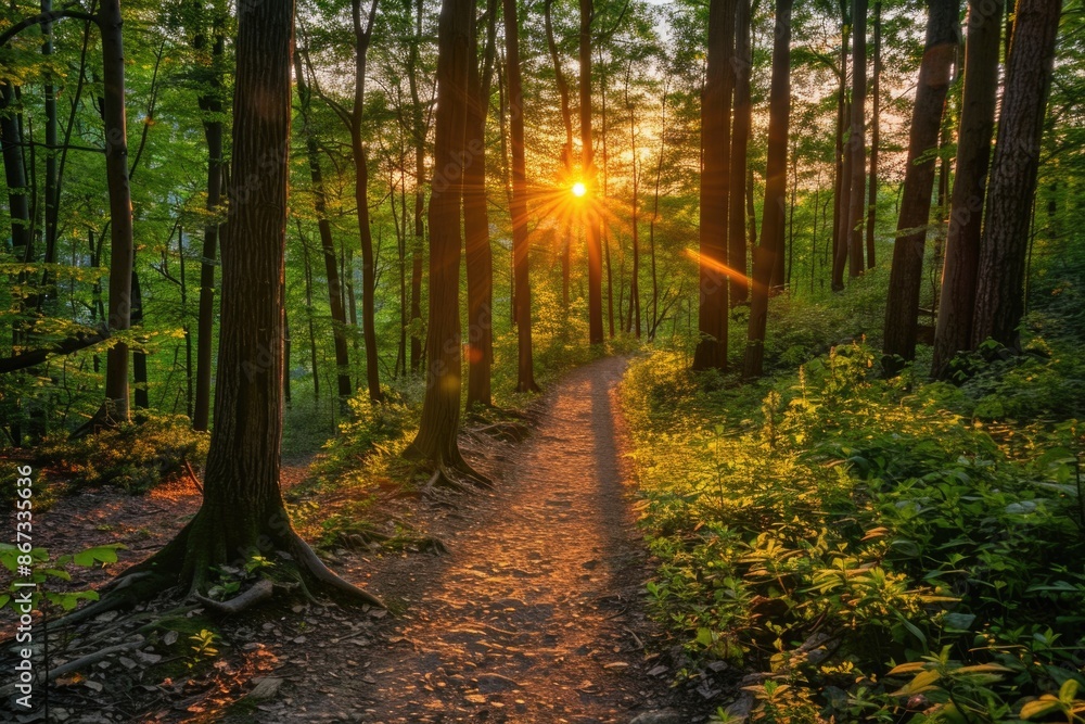 Fototapeta premium Woods Sun. Inspirational Sunset View on Hiking Path Through Beautiful Woods