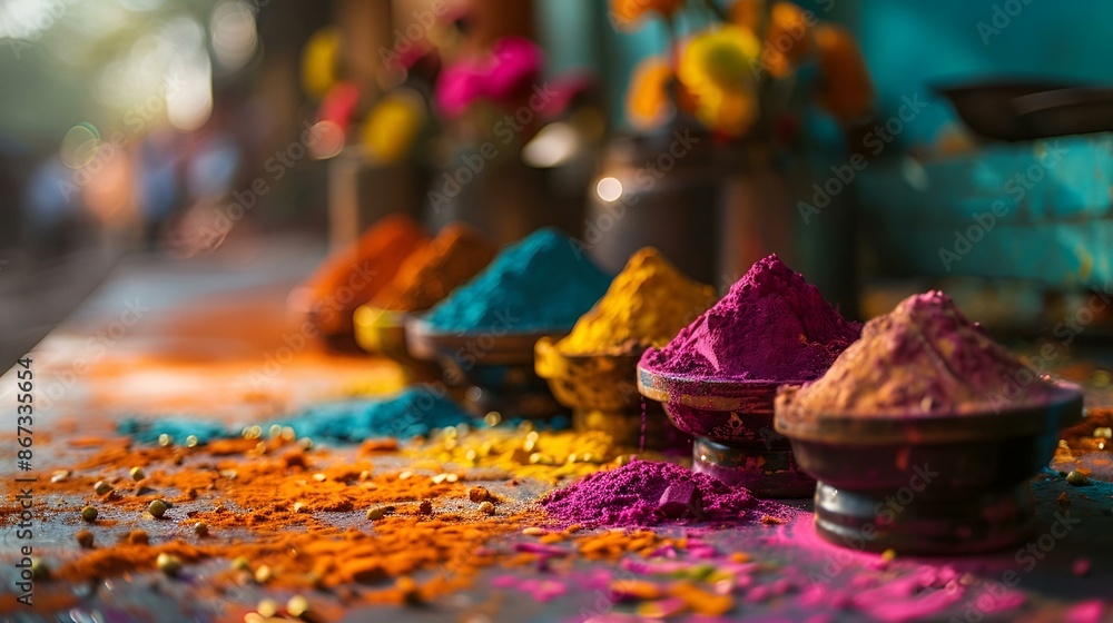 Colorful powders scattered on the ground, creating a vibrant and artistic display. Colorful powders scattered on the ground, creating a vibrant and artistic display.