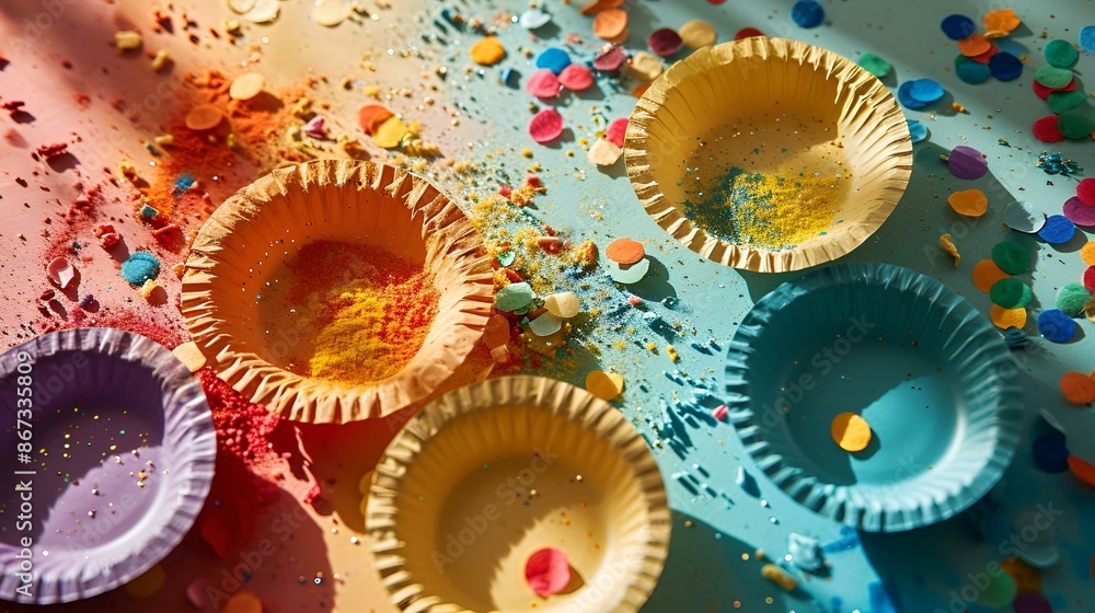 Colorful paper cups and confetti scattered on a table. Colorful paper cups and confetti scattered on a table.