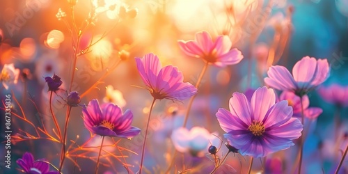 Sunrise Flower. Beautiful Cosmos Field with Blue Background in Autumn Garden © Alona