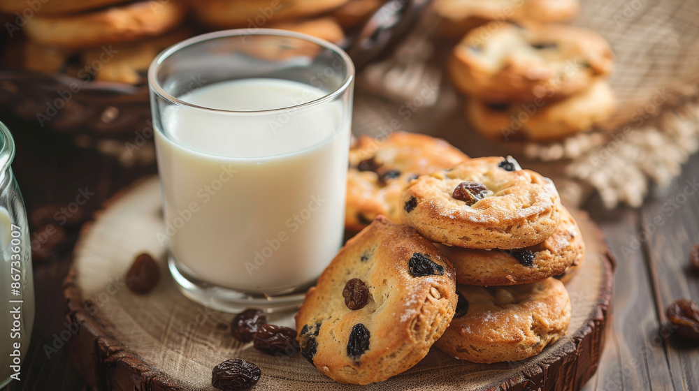 Warm, fluffy homemade raisin biscuits served with a cold glass of milk on a cozy background, creating a comforting and inviting snack. Warm, fluffy homemade raisin biscuits served with a cold glass of milk on a cozy background, creating a comforting and inviting snack.