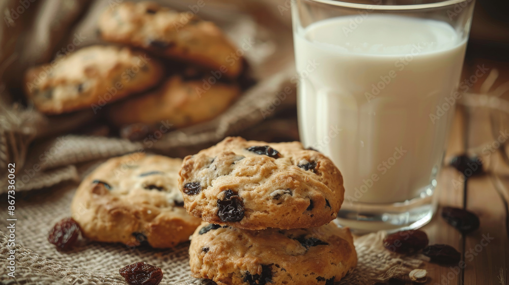 Warm, fluffy homemade raisin biscuits served with a cold glass of milk on a cozy background, creating a comforting and inviting snack. Warm, fluffy homemade raisin biscuits served with a cold glass of milk on a cozy background, creating a comforting and inviting snack.