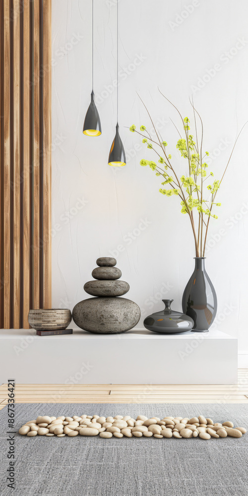 Zen interiors composition in a luxury apartment with minimalist furniture and natural lighting. Calming residential interiors in neutral tone. Zen interiors composition in a luxury apartment with minimalist furniture and natural lighting. Calming residential interiors in neutral tone.