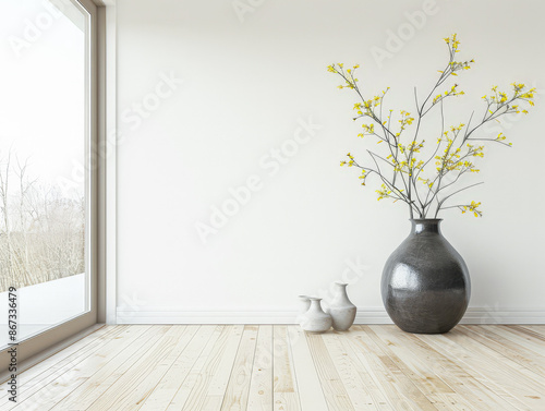 Zen interiors composition in a luxury apartment with minimalist furniture and natural lighting. Calming residential interiors in neutral tone.