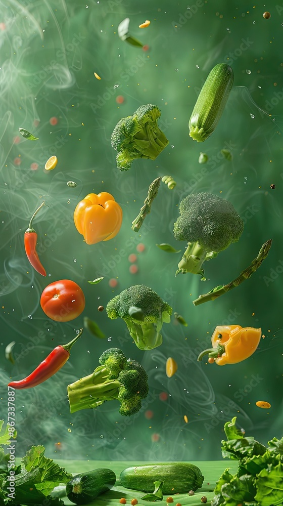 Lots of flying fresh vegetables on a green background. Tomatoes, cucumbers, broccoli, peppers. Ripe vegetables, diet. Lots of flying fresh vegetables on a green background. Tomatoes, cucumbers, broccoli, peppers. Ripe vegetables, diet.