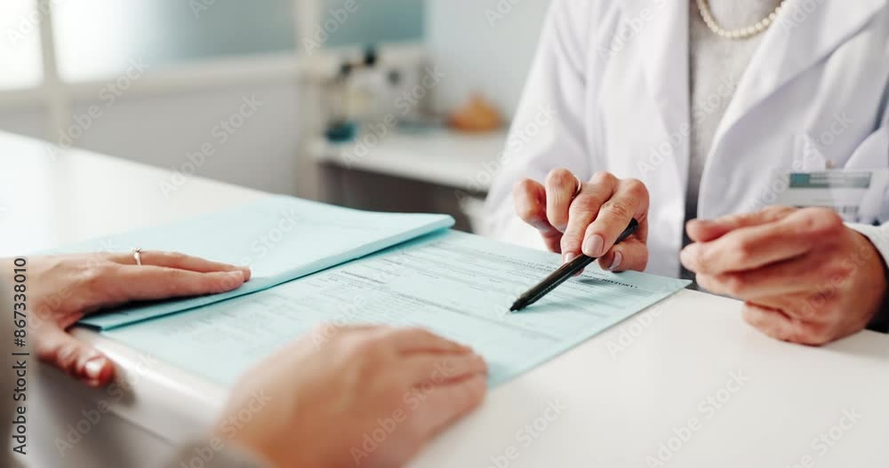 Hands, dentist and patient with document in office for information, signature and consent form of treatment plan. Medical, people and paperwork for dental appointment, health history and insurance Hands, dentist and patient with document in office for information, signature and consent form of treatment plan. Medical, people and paperwork for dental appointment, health history and insurance