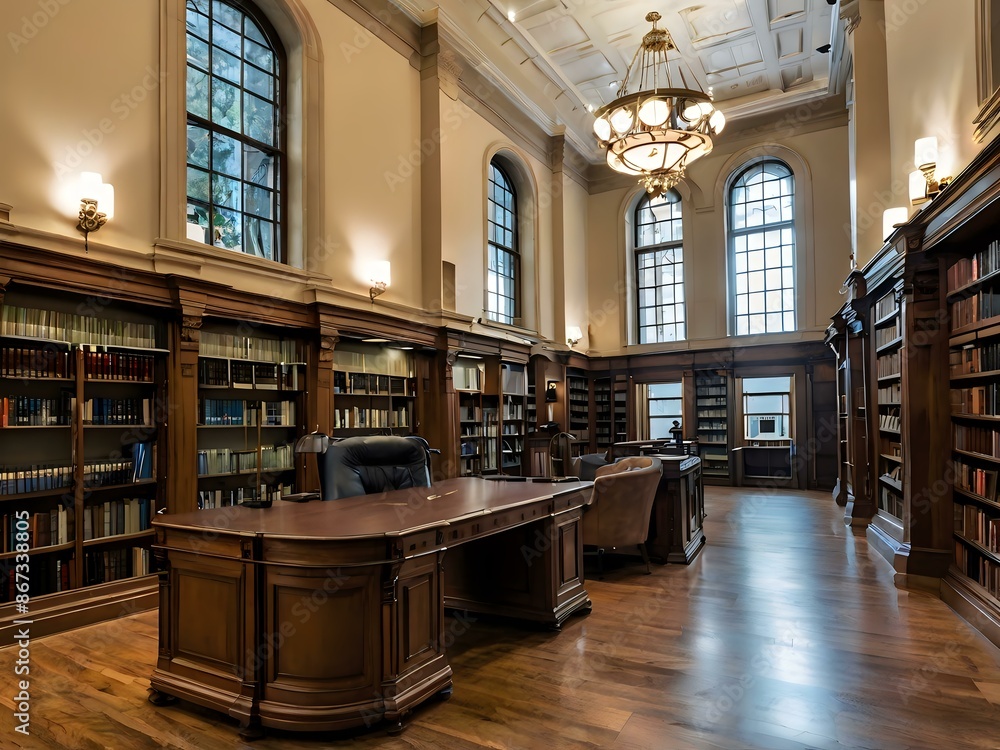 A large and luxurious library with tables and chairs with a large fireplace in the center A large and luxurious library with tables and chairs with a large fireplace in the center