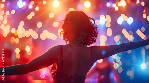 une femme de dos dans une boîte de nuit, dansant sous des lumières colorées avec des effets bokeh en arrière-plan. photo