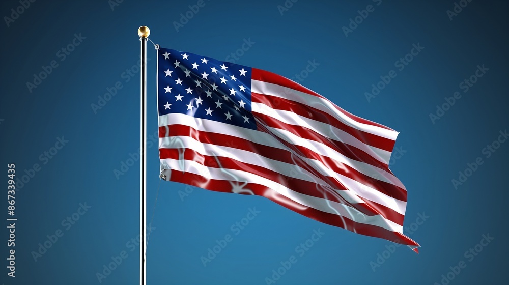 Fototapeta premium A dramatic angle of the American flag, its colors standing out in stark contrast to the deep blue sky behind it, emphasizing its significance.