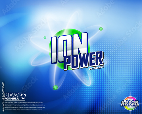 Ion power laundry detergent product advertising template. Best for label production, packaging and advertising design uses.