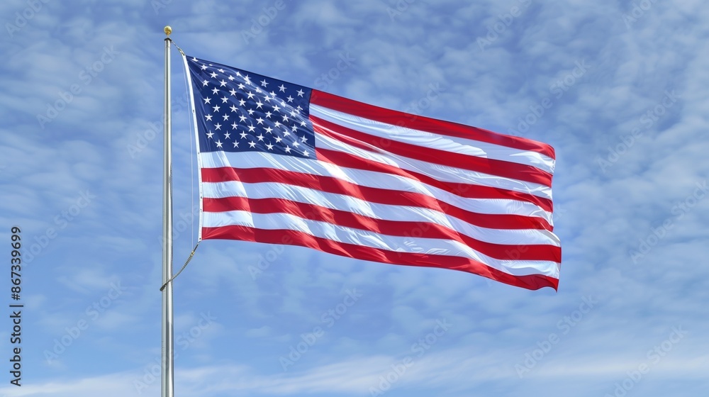 A majestic shot of the American flag, flying at full mast with its stars and stripes clearly visible against a pure blue sky. A majestic shot of the American flag, flying at full mast with its stars and stripes clearly visible against a pure blue sky.
