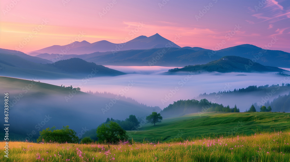 Fantastic summer sunrise on mountain farmland. Foggy morning. Beauty of countryside concept background Fantastic summer sunrise on mountain farmland. Foggy morning. Beauty of countryside concept background