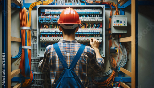 Ein Elektriker arbeitet an einem Schaltkasten mit Kabeln photo