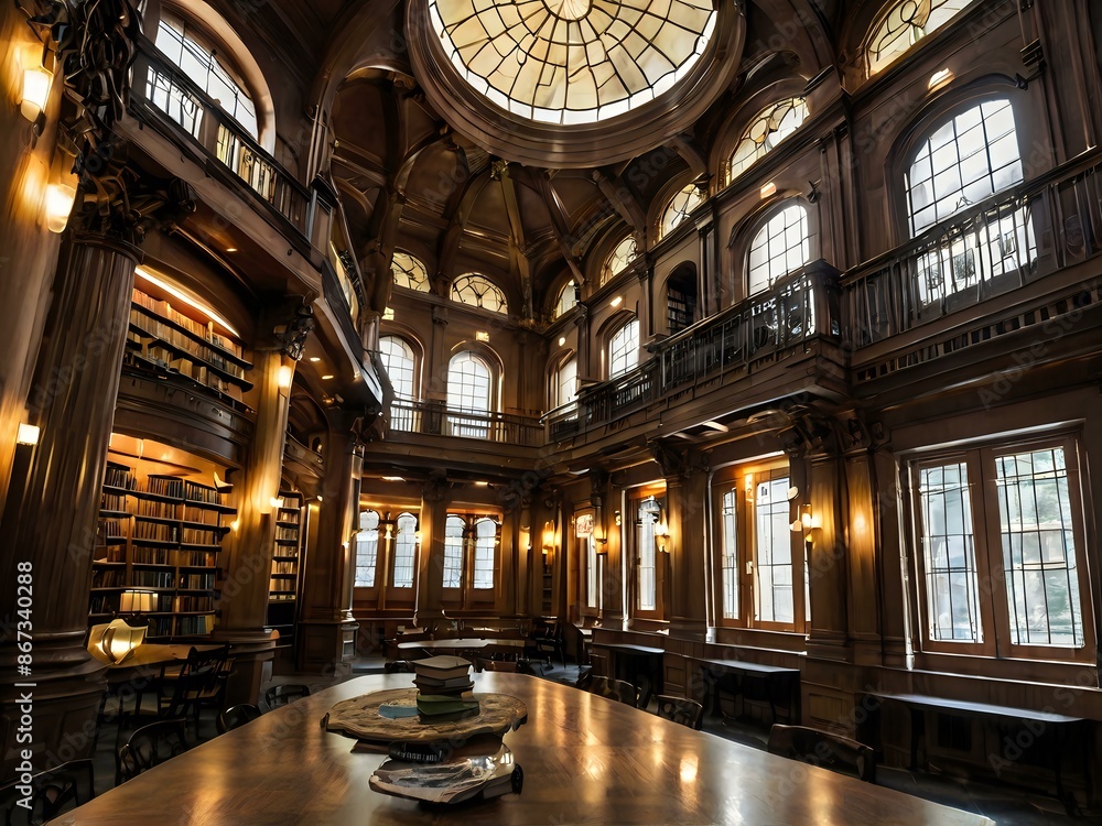 Obraz premium A large and luxurious library with tables and chairs with a large fireplace in the center