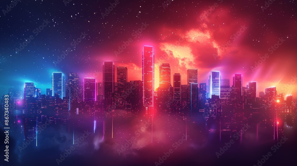 Fototapeta premium A dynamic image of a neon-lit city skyline, with buildings outlined in bright neon lights against a dark sky, illustrating the modern and energetic vibe of urban life.