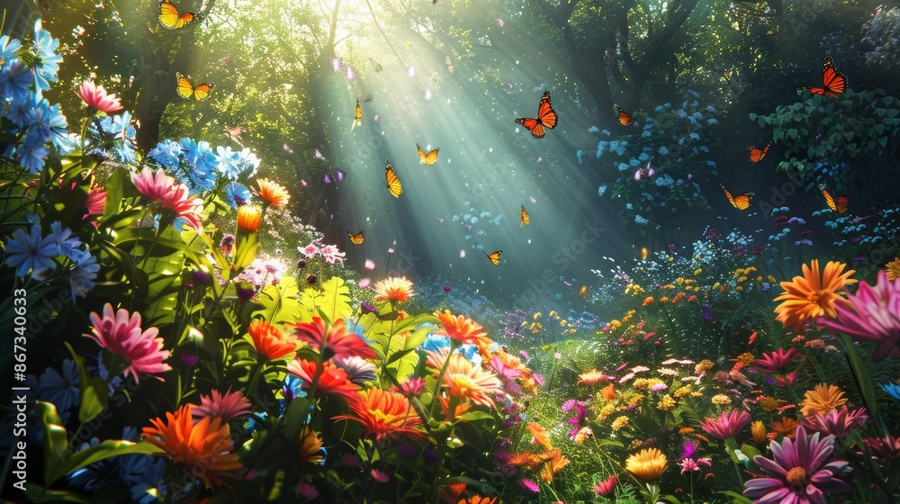 A garden in full bloom during spring, with a myriad of vibrant flowers in every color, lively butterflies fluttering about, and the radiant sunlight filtering through the leaves, c A garden in full bloom during spring, with a myriad of vibrant flowers in every color, lively butterflies fluttering about, and the radiant sunlight filtering through the leaves, c