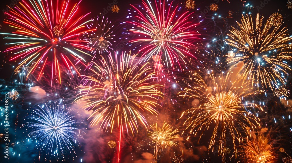 A high-definition image of a firework display against a night sky, where multicolored explosions of vivid reds, blues, greens, and golds light up the darkness in a brilliant celebr A high-definition image of a firework display against a night sky, where multicolored explosions of vivid reds, blues, greens, and golds light up the darkness in a brilliant celebr