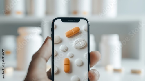 Patient using smartphone to get online prescription, medication order placed and delivered to doorstep, efficient and convenient digital healthcare solution photo