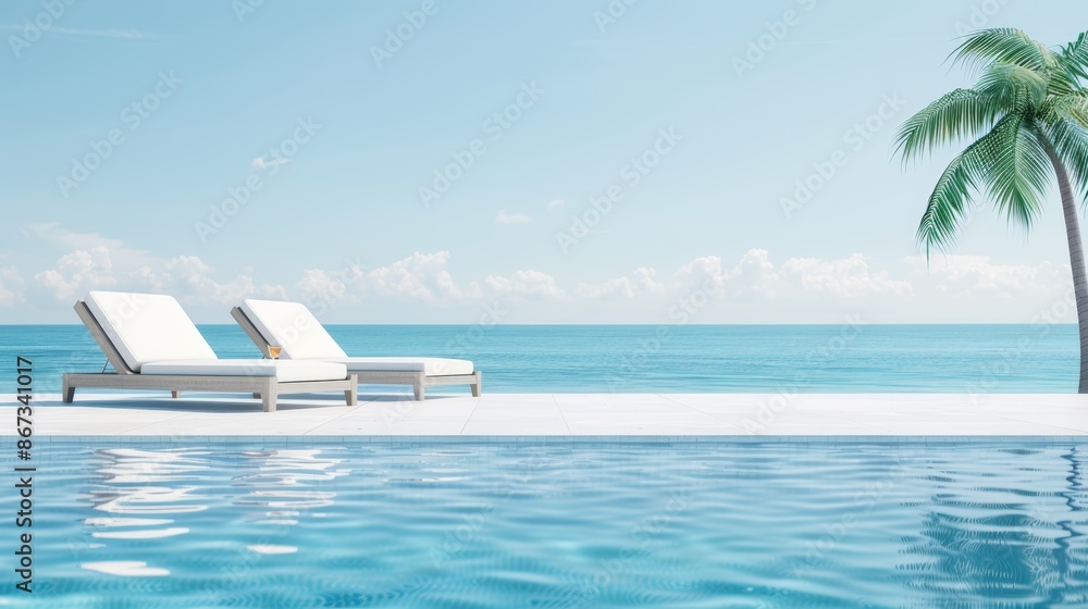 Fototapeta premium Poolside loungers bathed in sunlight, guests relaxing with refreshing drinks, palm trees swaying gently, clear blue water reflecting the bright sky, perfect summer day scene