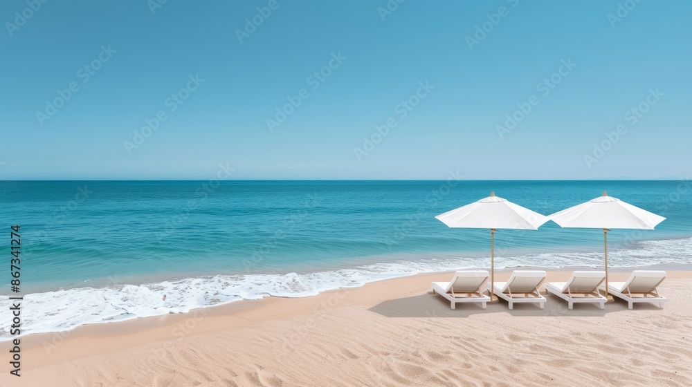 Scenic beach with stylish lounge chairs arranged under vibrant umbrellas, sandy shoreline and blue ocean waves, idyllic vacation backdrop, tranquil and inviting Scenic beach with stylish lounge chairs arranged under vibrant umbrellas, sandy shoreline and blue ocean waves, idyllic vacation backdrop, tranquil and inviting