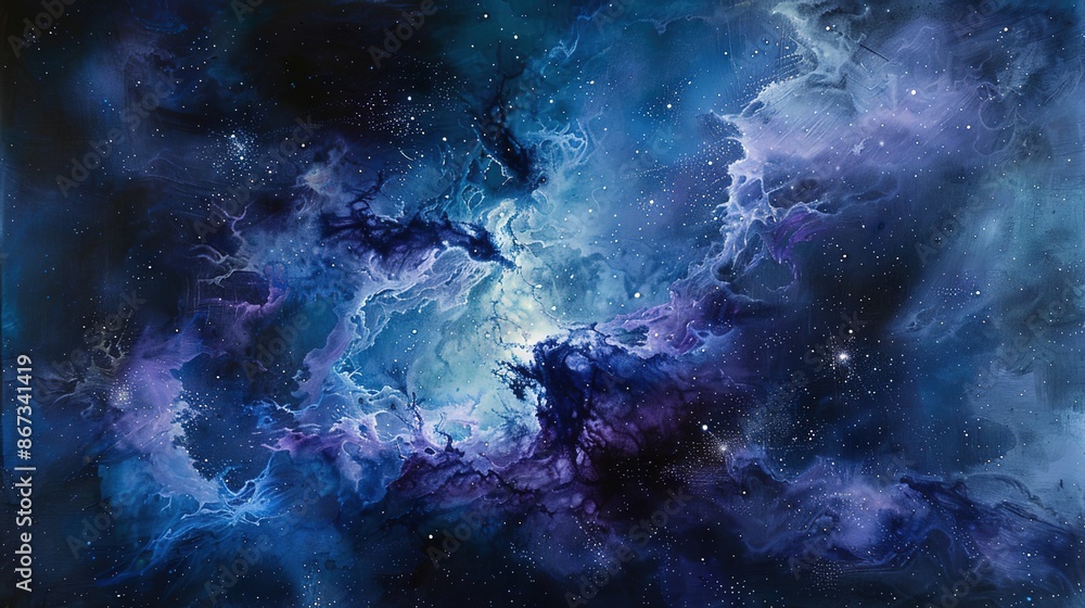 Fototapeta premium Ethereal Cosmic Nebula in Deep Blues and Purples with Star Accents