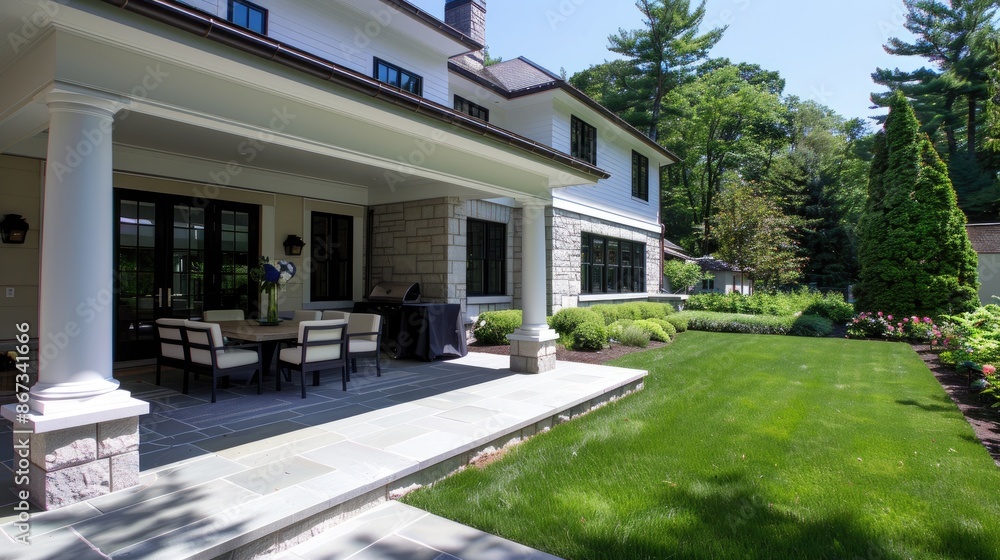 A black front door with glass panels is flanked by two stone pillars and potted flowers. A black front door with glass panels is flanked by two stone pillars and potted flowers.