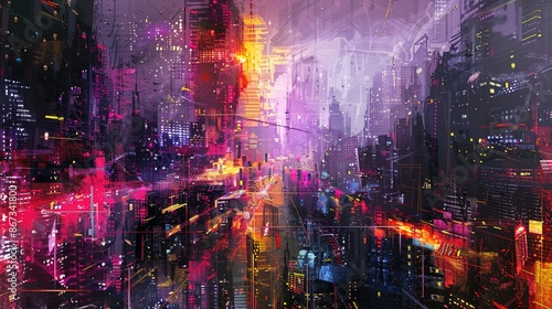 Futuristic Urban Nightscape - Fragmented Buildings and Neon Lights