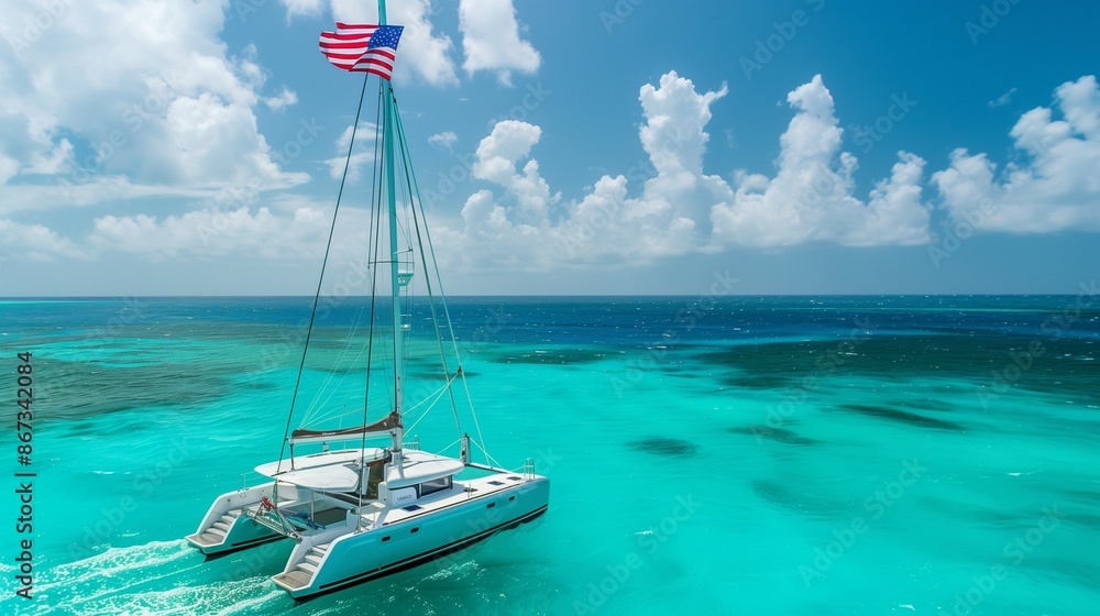 Naklejka premium An American flag flying from a tall mast on a catamaran sailing through turquoise waters.