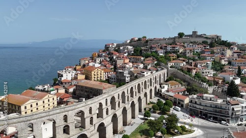 Aerial view of old town, castle and aqueduct in Kavala, Greece, Europe
