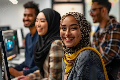 Happy young multiracial office colleagues collaborating and smiling in a casual meeting, setting business goals and team building.