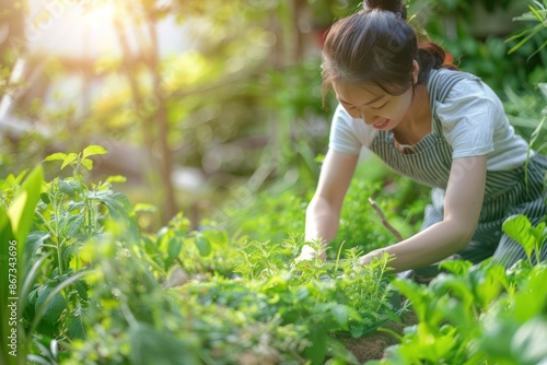 Wallpaper Mural Japanese gardener planting herbs for online sale, lush garden, serene and focused, surrounded by greenery, bright sunlight Torontodigital.ca