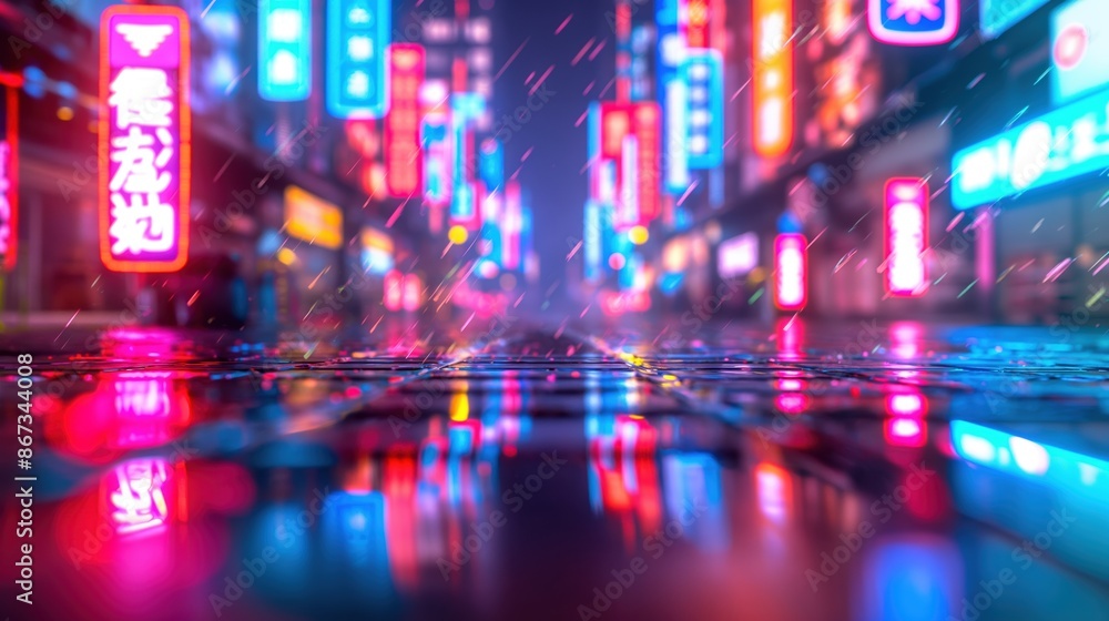 Fototapeta premium Cyberpunk street market, neon signs, augmented reality overlays