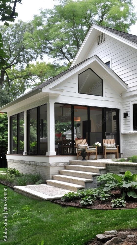 A black front door with glass panels is flanked by two stone pillars and potted flowers. A black front door with glass panels is flanked by two stone pillars and potted flowers.