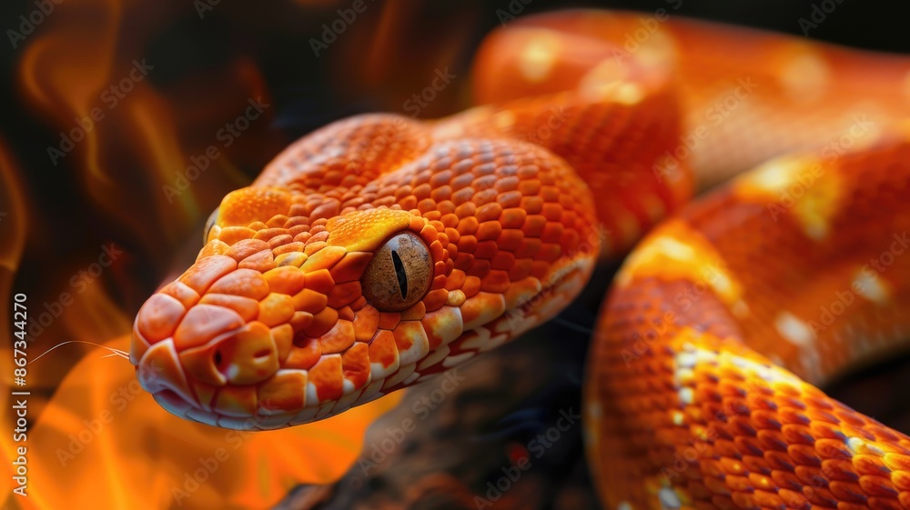Fototapeta premium Striking orange snake in front of fire backdrop
