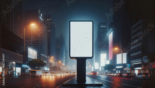 beleuchtetes Blanko Display an einer nächtlichen Straße, copy space, mock-up photo