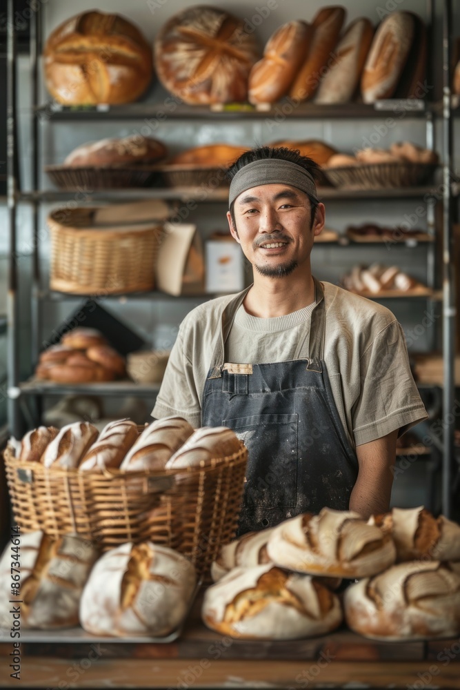 Portrait of a Japanese baker preparing breads for online customers, rustic kitchen, warm and welcoming, with freshly baked loaves on display Portrait of a Japanese baker preparing breads for online customers, rustic kitchen, warm and welcoming, with freshly baked loaves on display