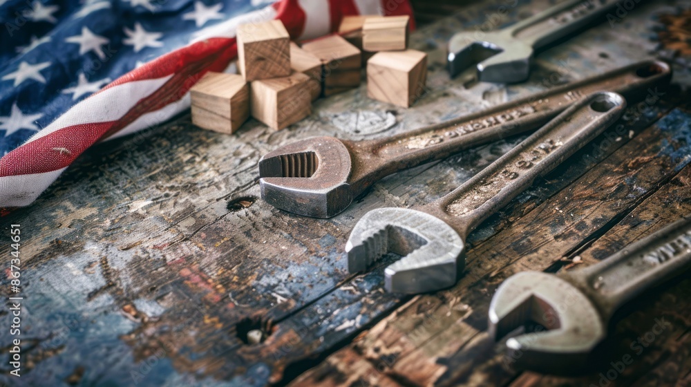 USA Labor day concept, First Monday in September. Different kinds on wrenches, handy tools, America flag and wooden blocks on wooden table. USA Labor day concept, First Monday in September. Different kinds on wrenches, handy tools, America flag and wooden blocks on wooden table.