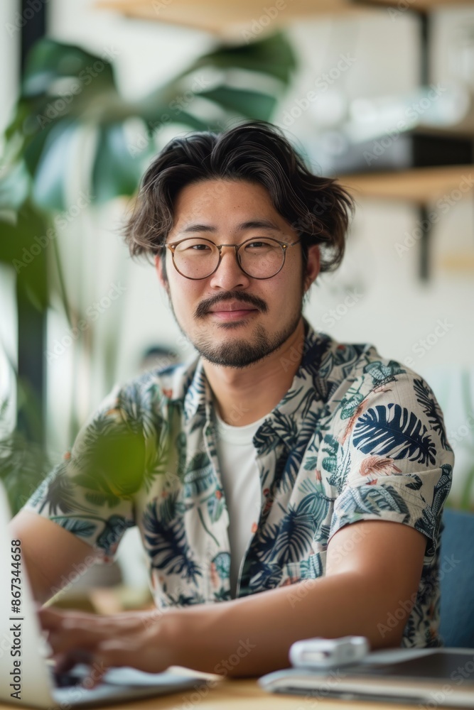 Portrait of a Japanese photographer editing images for an online gallery, bright studio, creative and meticulous, digital editing tools Portrait of a Japanese photographer editing images for an online gallery, bright studio, creative and meticulous, digital editing tools