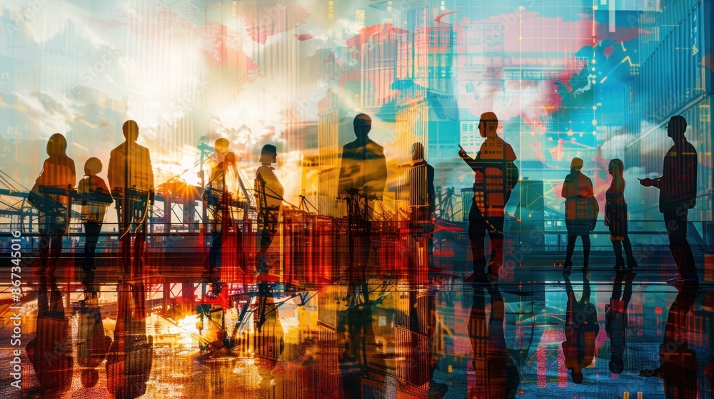A group of business professionals engaged in a lively discussion, their figures blended with images of global trade routes and shipping containers, the double exposure effect illustrating the global A group of business professionals engaged in a lively discussion, their figures blended with images of global trade routes and shipping containers, the double exposure effect illustrating the global